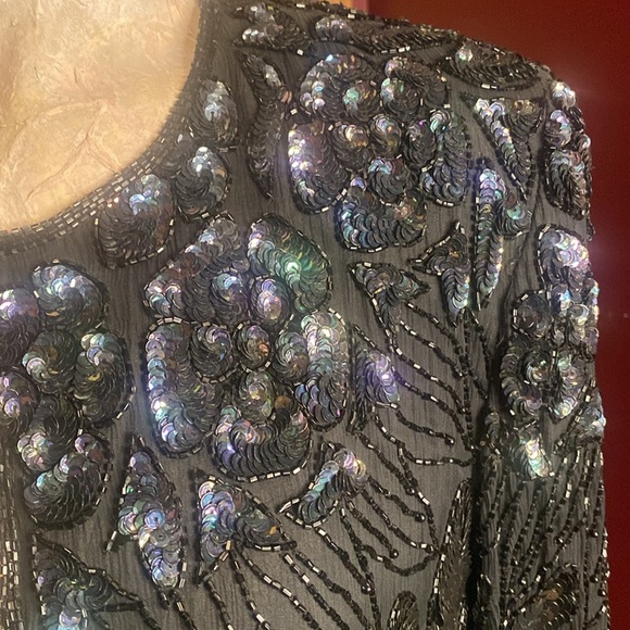 VNTG 60s Mark & John by Gopal Black n opalescent Sequin Beaded Silk Jacket Sz L - Picture 7 of 16